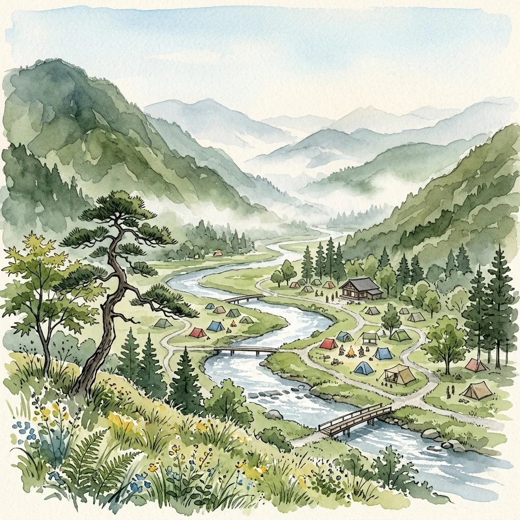 山間のキャンプ場の空撮