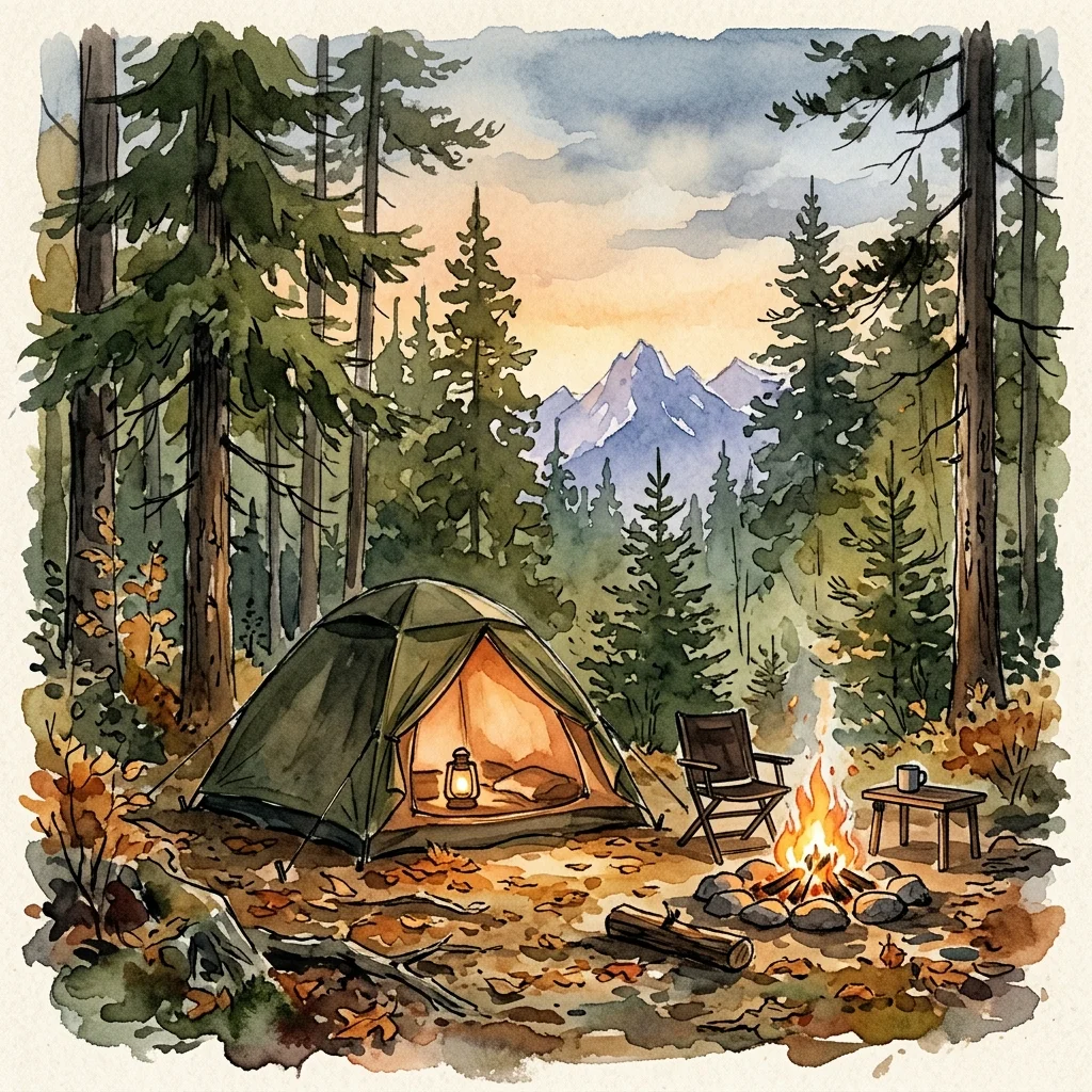 夕暮れの森の中のキャンプサイト