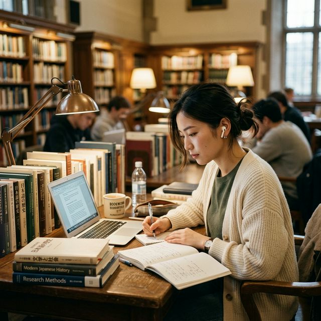 イヤフォンをして集中して勉強する女性