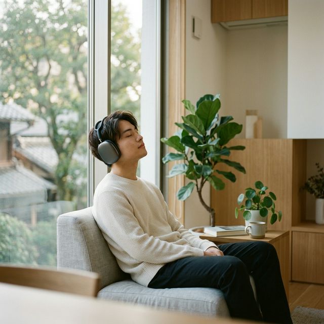 ヘッドフォンで穏やかにリラックスする人