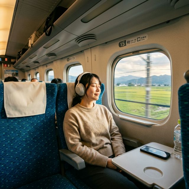 新幹線でノイキャンヘッドフォンをして穏やかにリラックスする女性