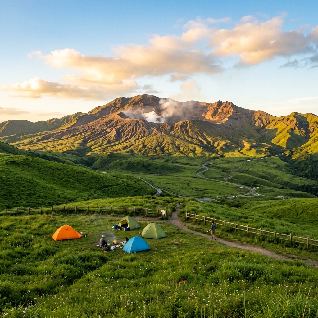 阿蘇の大草原とキャンプ場の風景