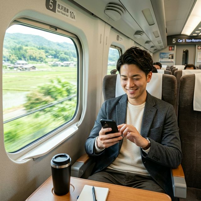 新幹線の中でスマホで作業するビジネスマン