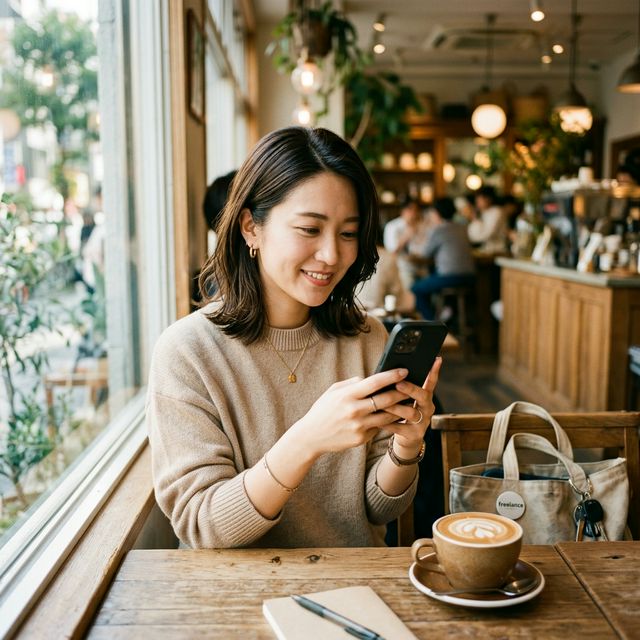 カフェでスマホで請求書を作成するフリーランス